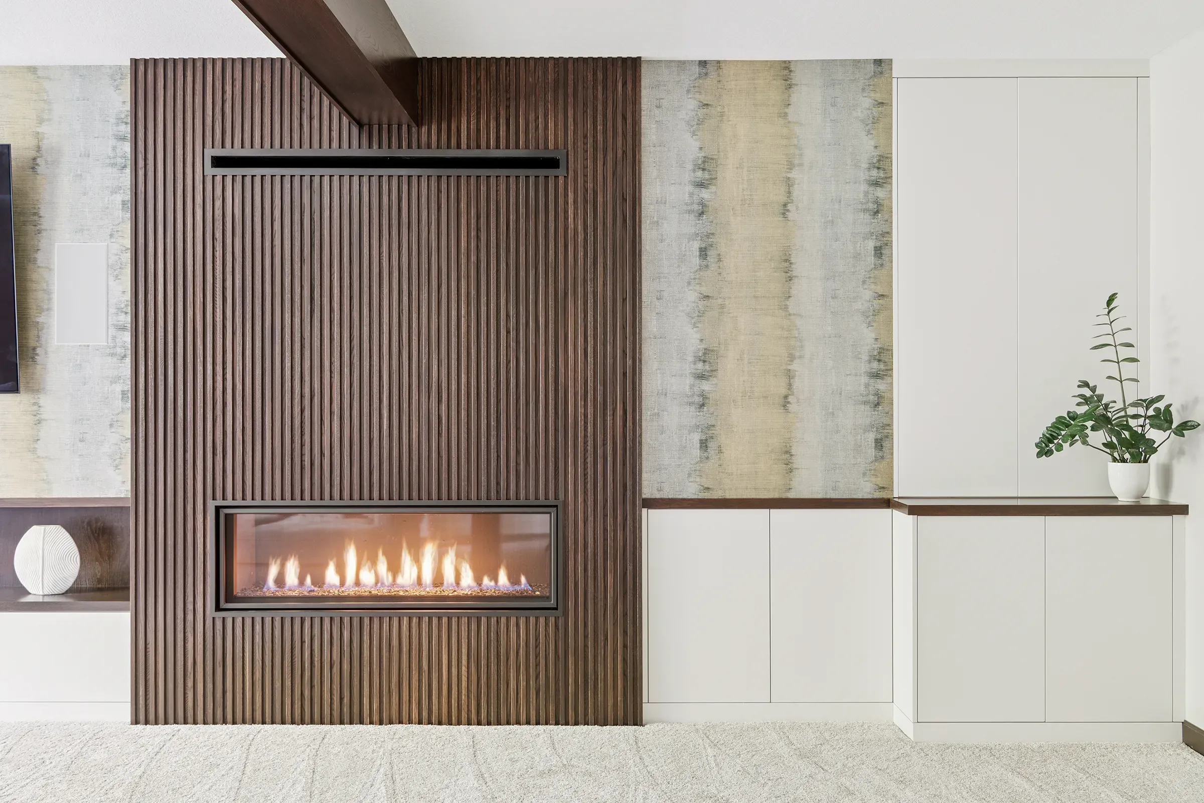 Close up of custom made slat wall fireplace