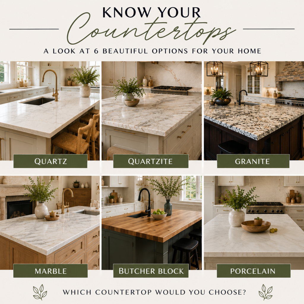 Photos of a variety of types of kitchen countertops