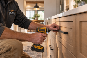 Carpenter attaching hardware to kitchen cabinets