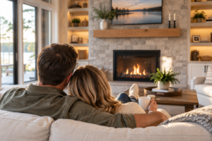 Two people sitting in front of a stone fireplace